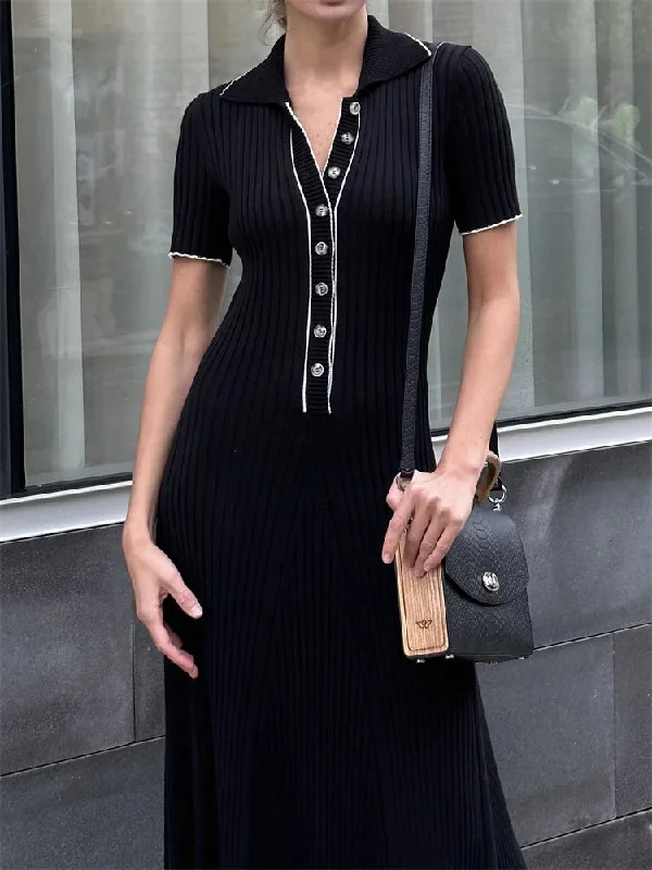 Deep V Neck Maxi Dresses Women Autumn Slim Short Sleeve Dress