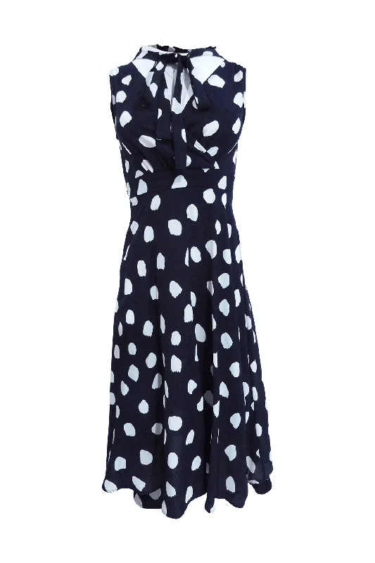 Blue V-neck Sleeveless Long Dress With White Polka Dots