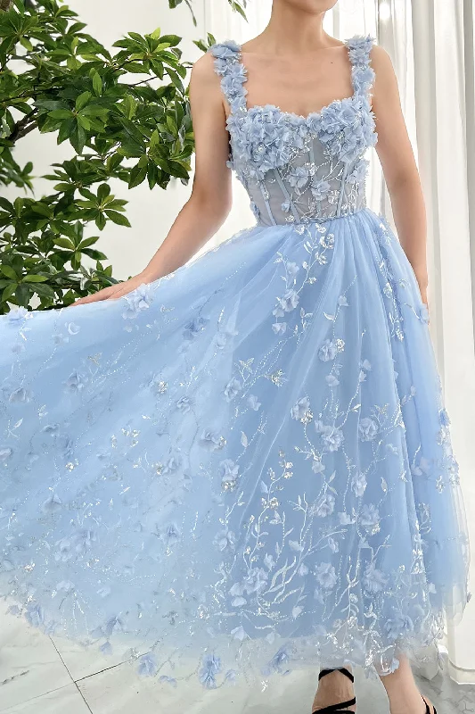 Corset 3D Floral Sky Blue Midi Dress