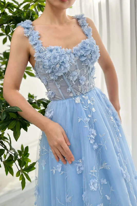 Corset 3D Floral Sky Blue Midi Dress