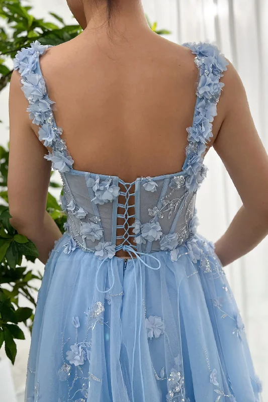 Corset 3D Floral Sky Blue Midi Dress