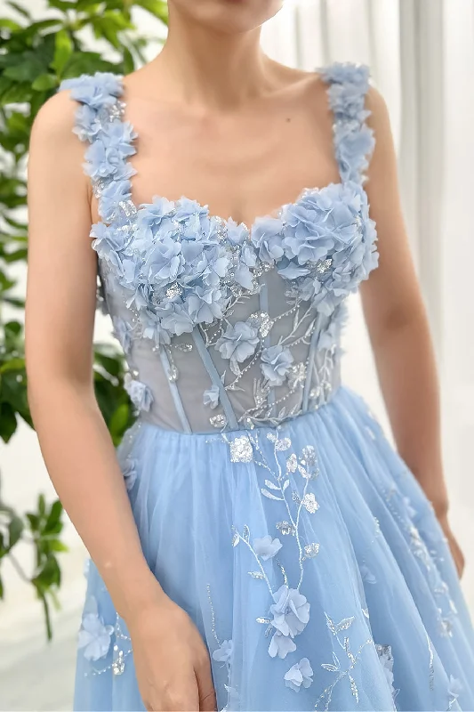 Corset 3D Floral Sky Blue Midi Dress