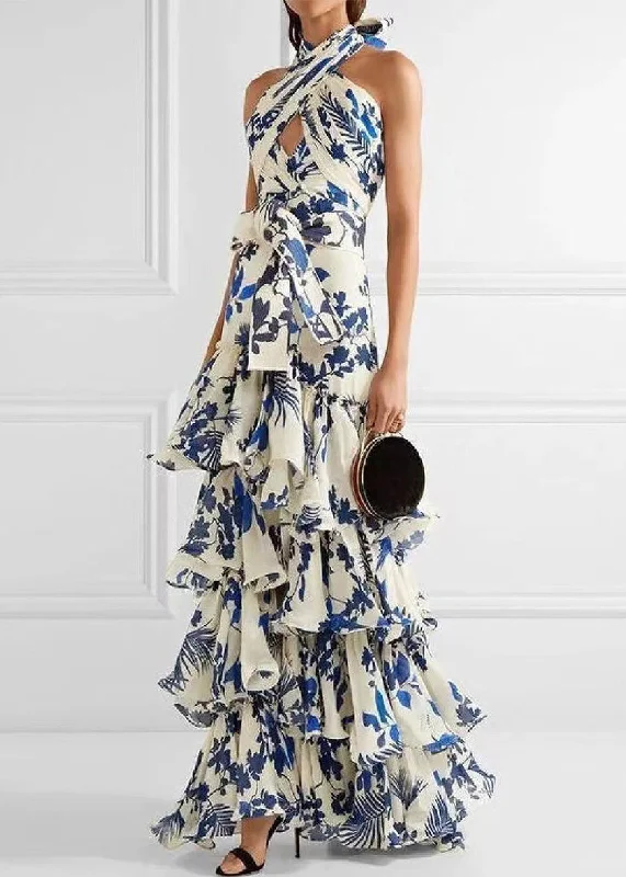 European And American Bohemian Vacation Style Ruffled Print Dress Sleeveless XX097