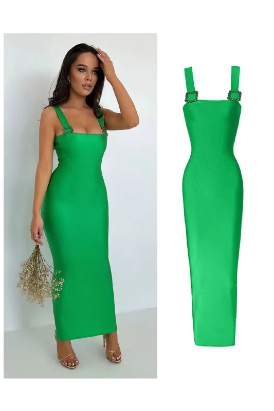 Full Lycra Sandy Fabric Stone Buckle Detailed Maxi Length Dress - GREEN REF : 10615- YEŞİL