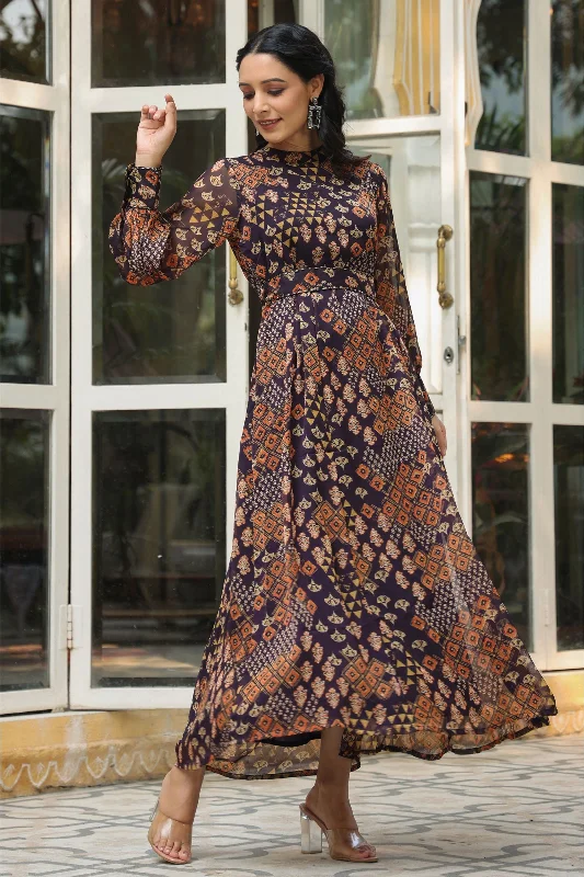 Juniper Black Ethnic Motif Printed Chiffon Flared Maxi Dress With Buttons.