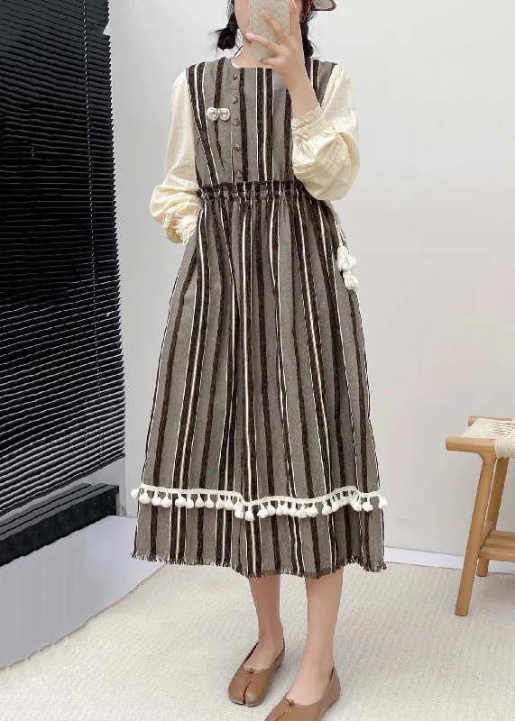 New Striped Ruffled Pockets Lace Up Cotton Dress Sleeveless NN029