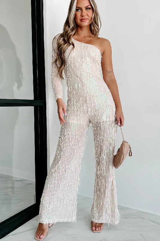 Popstar Sequin Fringe One Shoulder Jumpsuit (Beige)