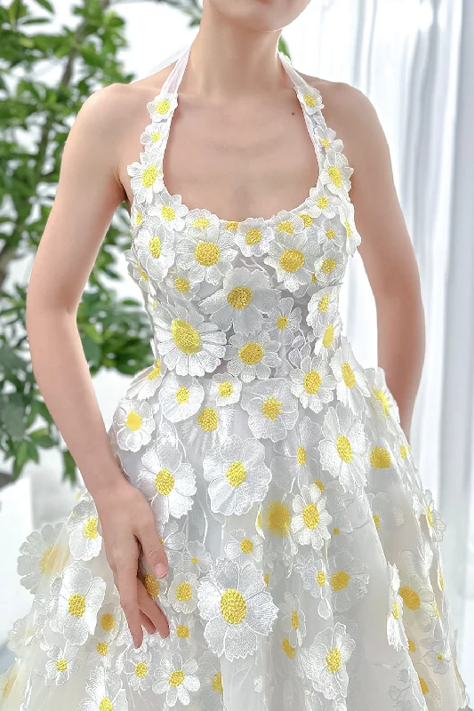 Scoop Neck 3D Floral Dress with Tie Straps