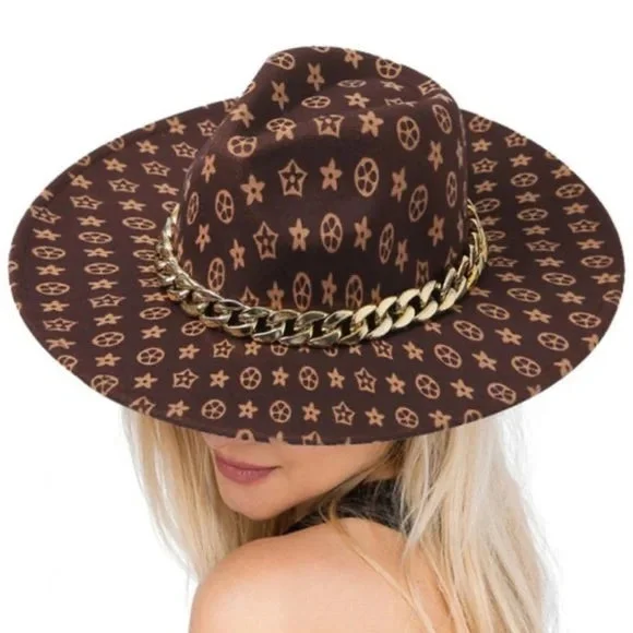 Women's Brown Wide Brim Felt Fedora Panama Hat with Chain Band