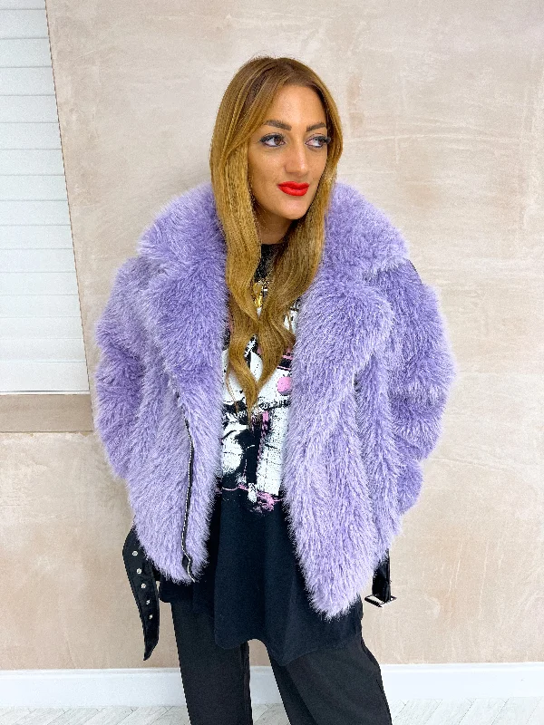 Faux Fur Biker Style Jacket In Lilac